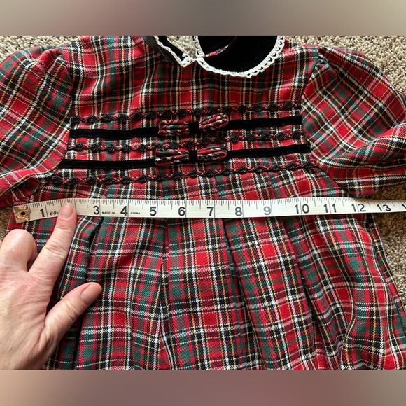 Vintage Bonnie Jean Red and Black Plaid Christmas Dress Velvet Trim lace - Picture 10 of 11